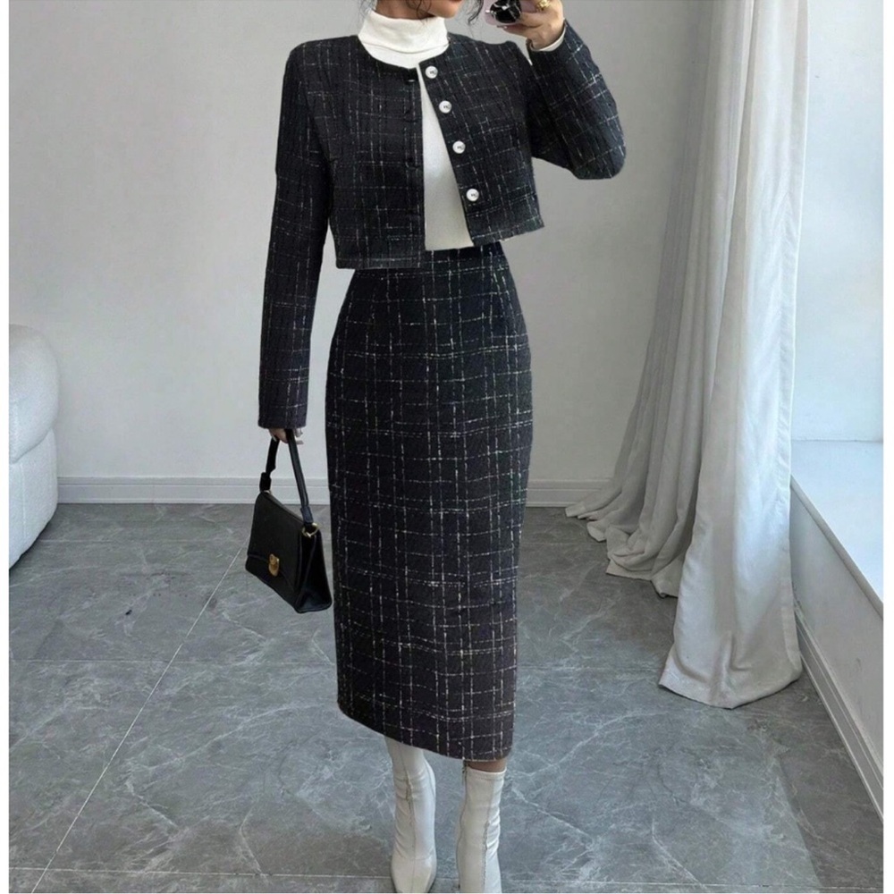 Classic Plaid Print Tweed Button Jacket Skirt Set XS S M L 1X 2X 3X 4X